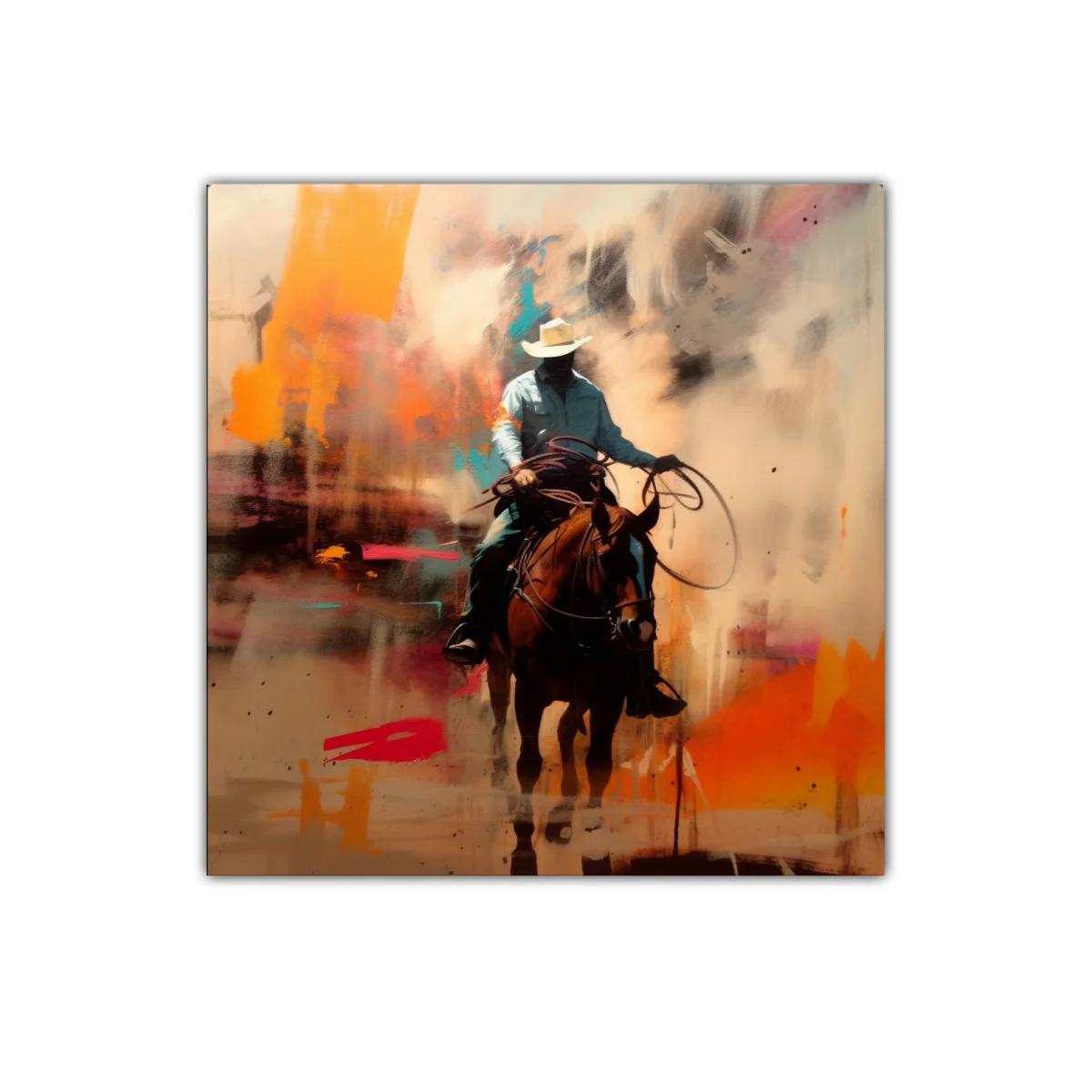 Cuadro de vaquero montando caballo con tonos cálidos y vibrantes — imagen principal