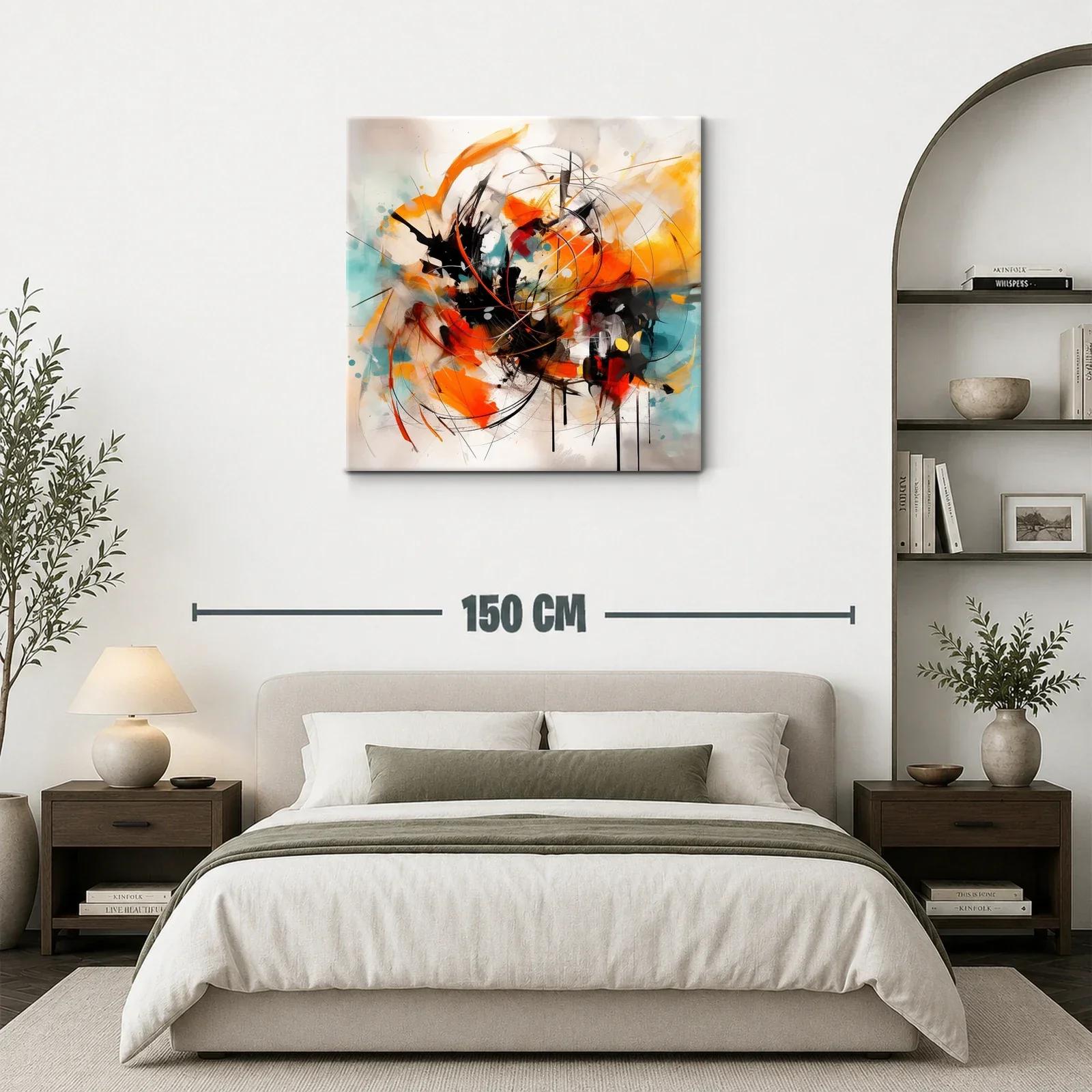 Cuadro abstracto con trazos vibrantes en naranja y turquesa — miniatura 3