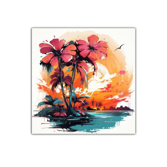 Atardecer tropical con palmeras vibrantes y horizonte urbano