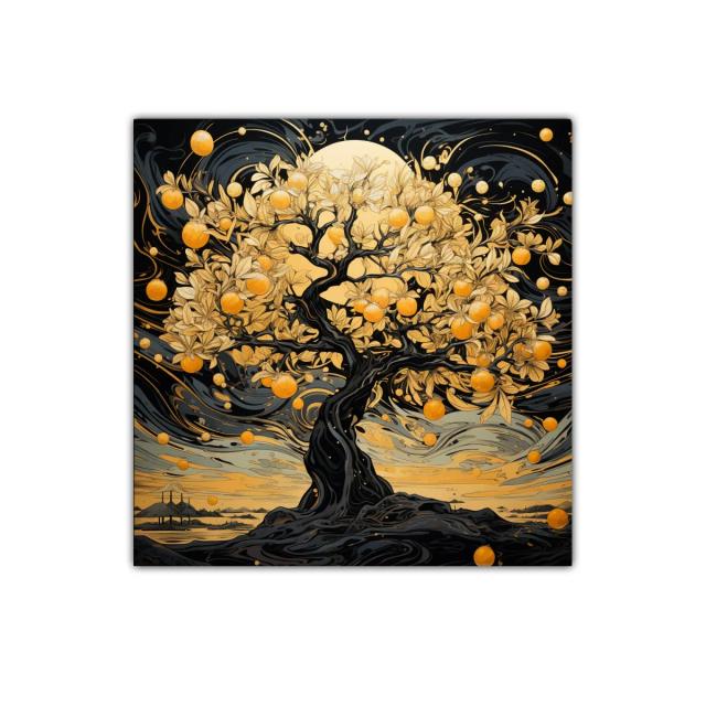 Árbol dorado brillante con frutos en paisaje onírico
