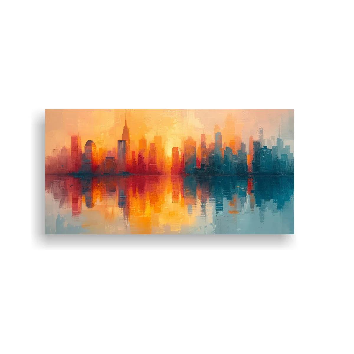 Cuadro skyline urbano reflejado en el agua con luz cálida