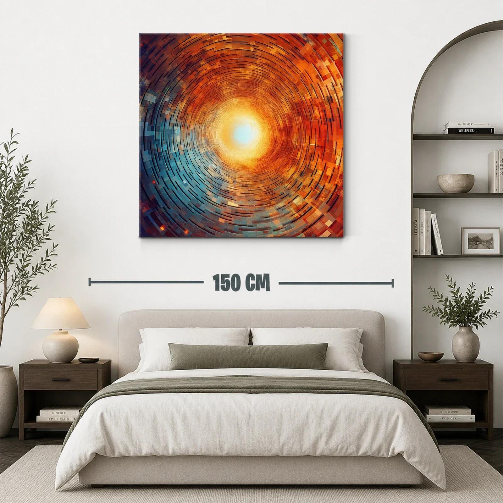 Cuadro abstracto con espiral radiante en tonos cálidos y fríos — miniatura 3