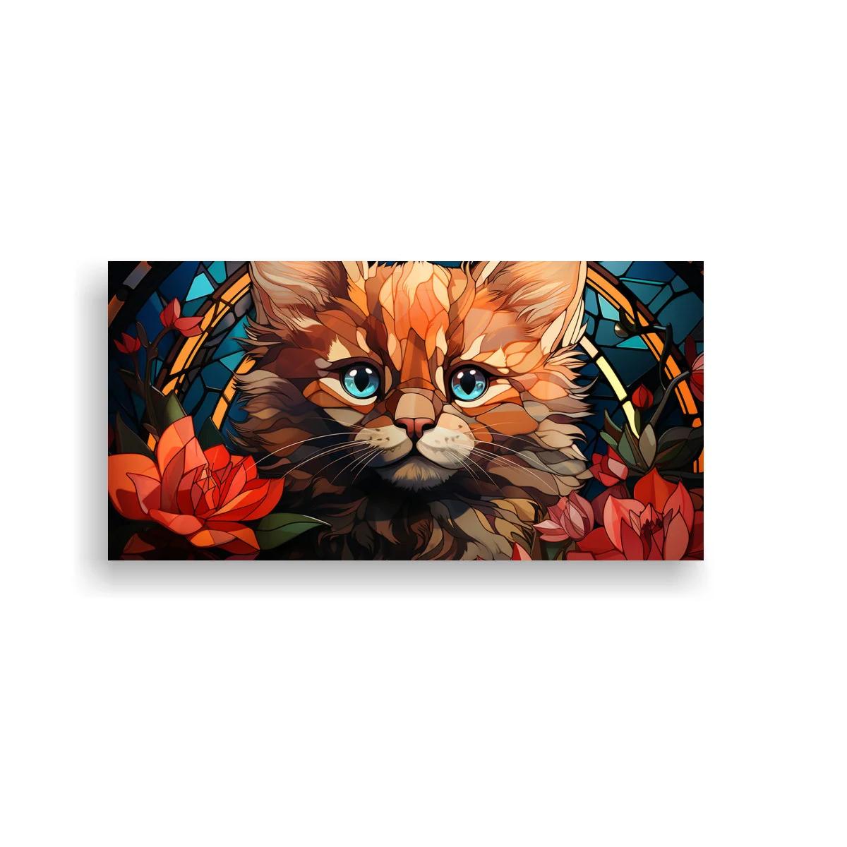 Cuadro gato naranja de ojos azules con flores y vitral circular