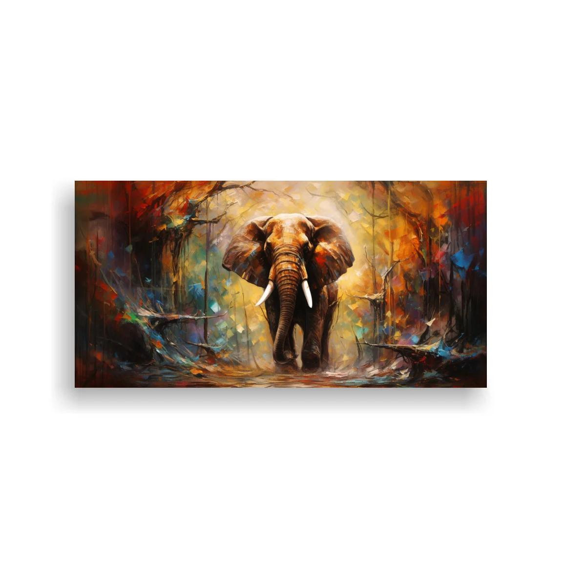 Cuadro elefante con colmillos y fondo difuso luminoso