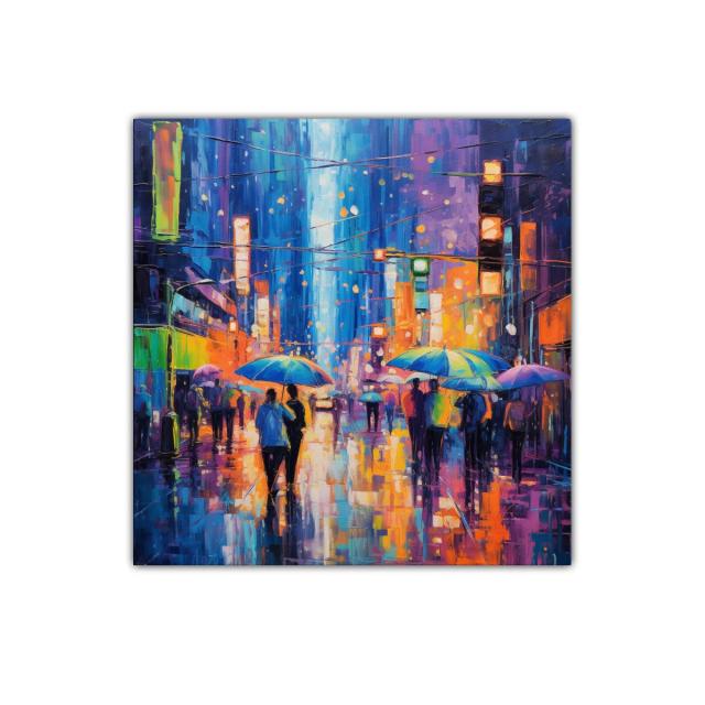 Colorida escena urbana nocturna bajo la lluvia