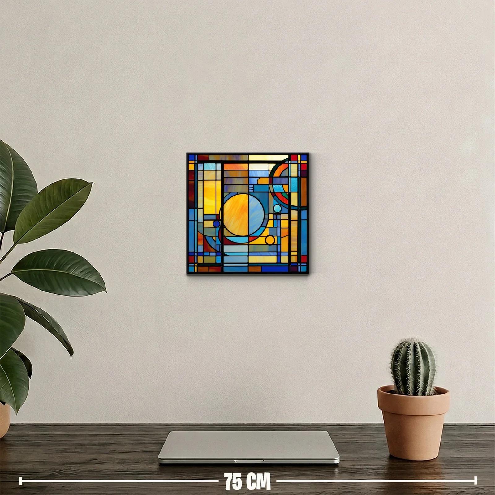 Cuadro geométrico con tonos cálidos y fríos en vitrales — miniatura 2