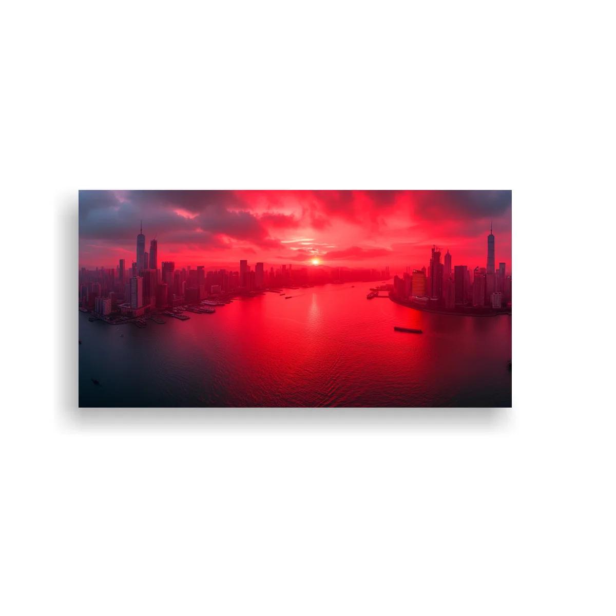 Cuadro skyline urbano al atardecer con río y reflejos rojos — imagen principal