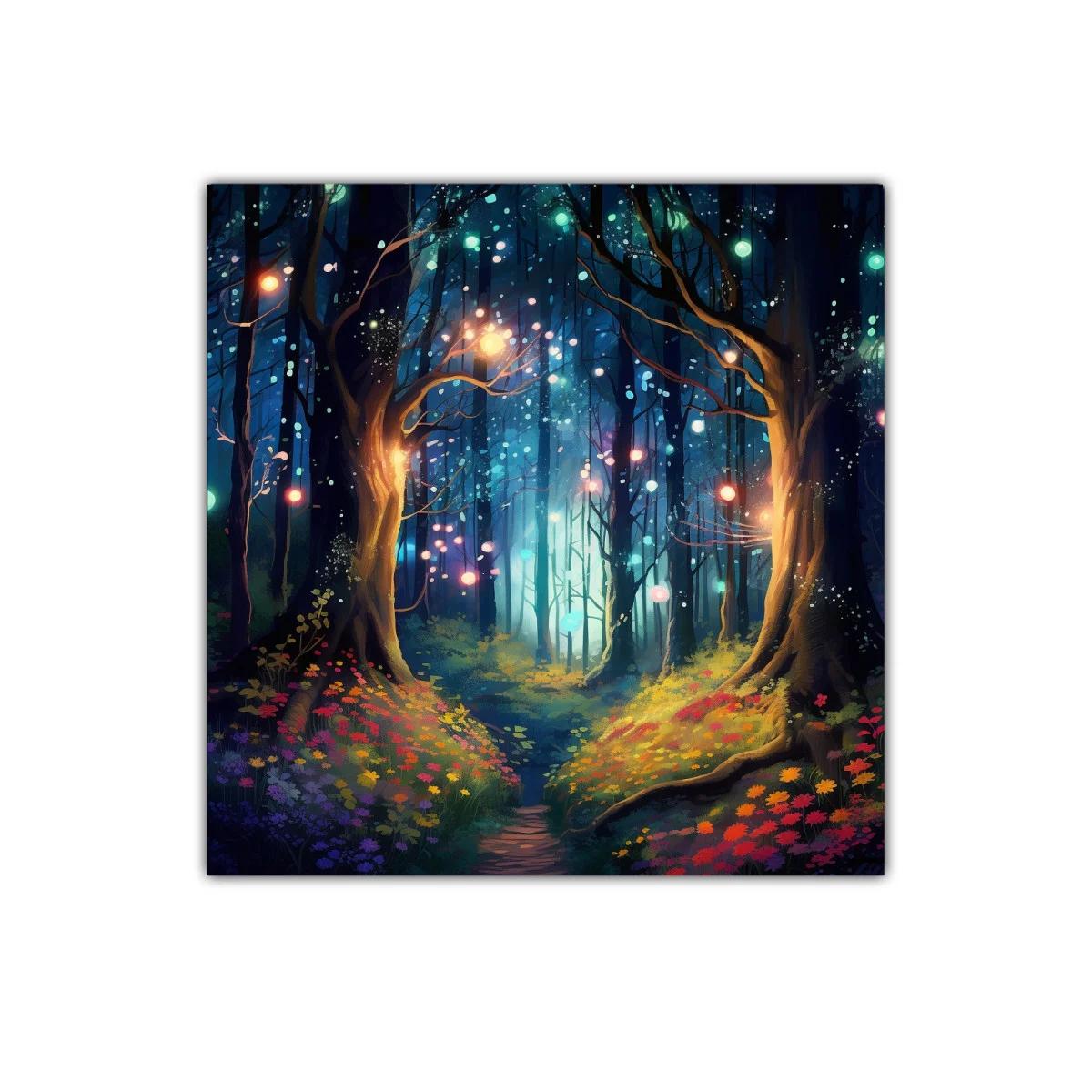 Bosque encantado con luces mágicas y flores vibrantes