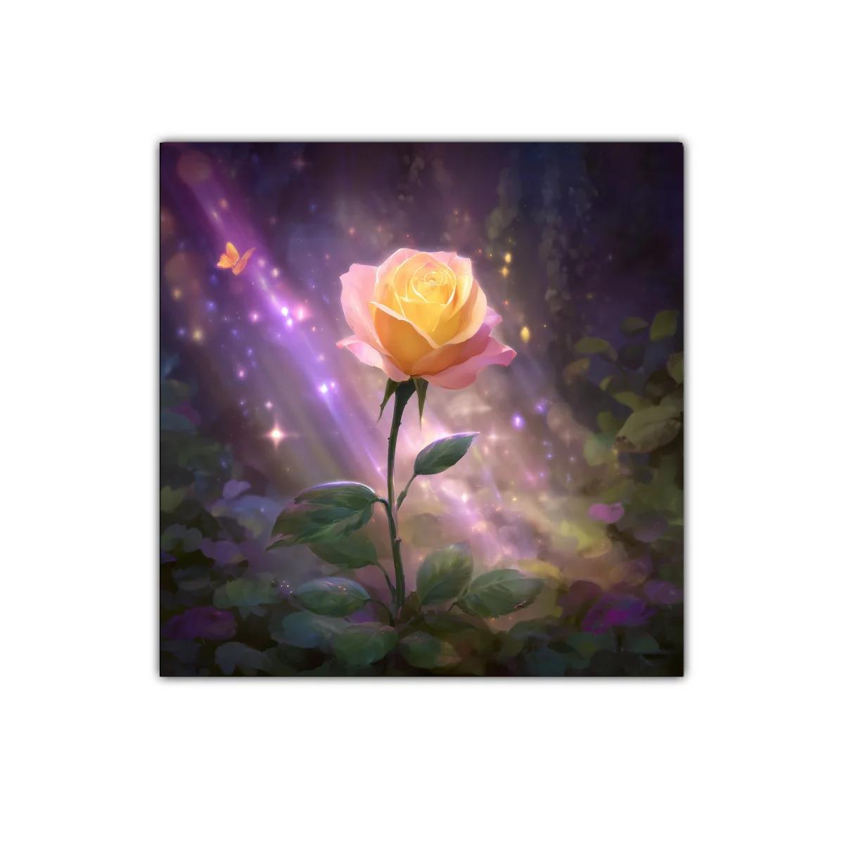 Rosa luminosa en jardín encantado con mariposa dorada