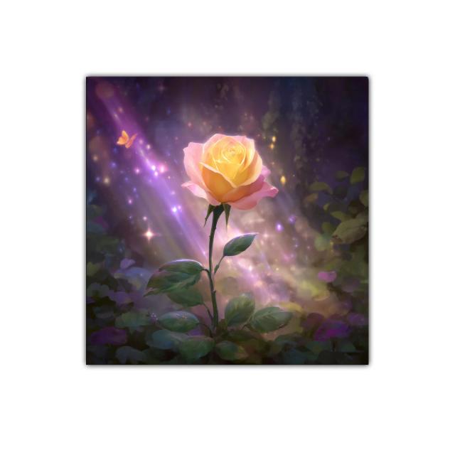 Rosa luminosa en jardín encantado con mariposa dorada