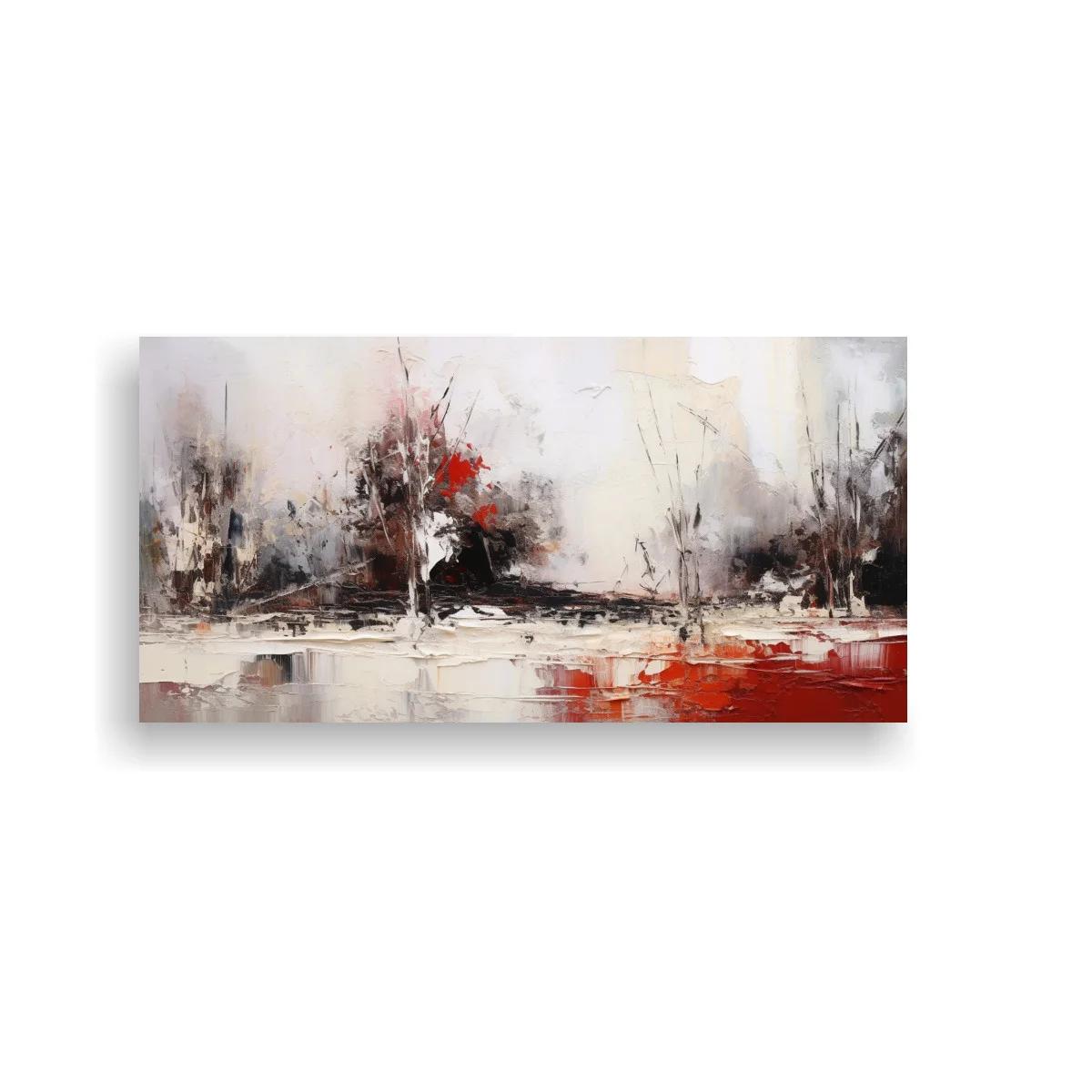 Cuadro paisaje abstracto con árboles y reflejos rojos