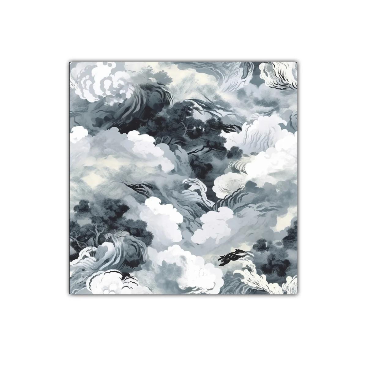 Cuadro abstracto con formas de nubes y árboles en tonos grises — imagen principal