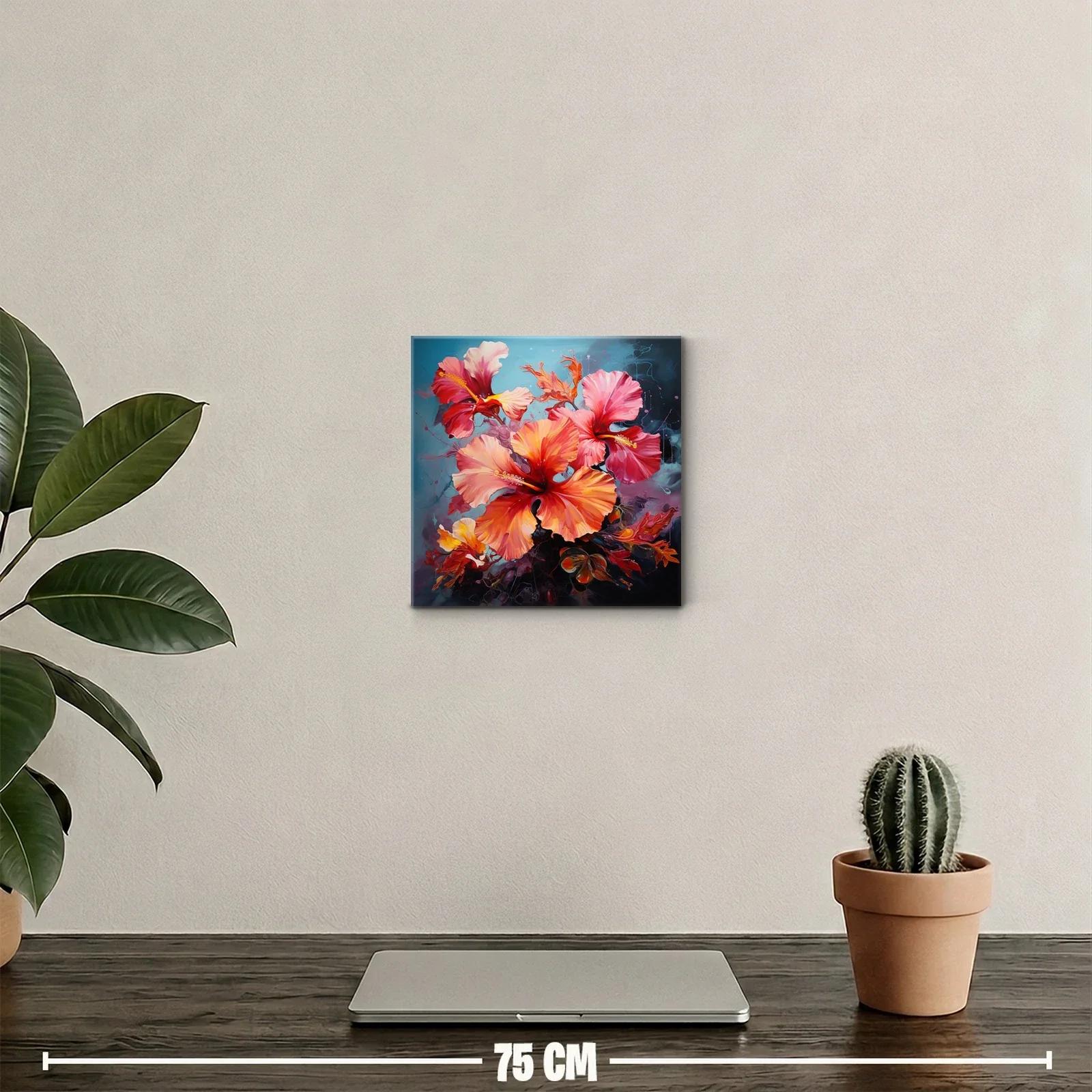 Cuadro floral con vibrantes tonos cálidos y fondo azul — miniatura 2