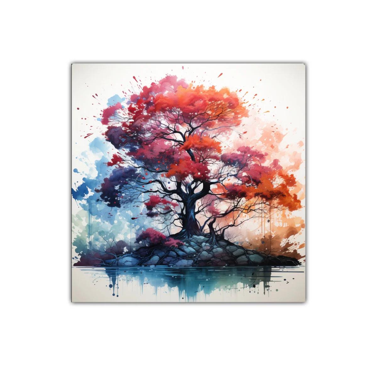 Árbol vibrante en tonos cálidos sobre lago sereno — imagen principal