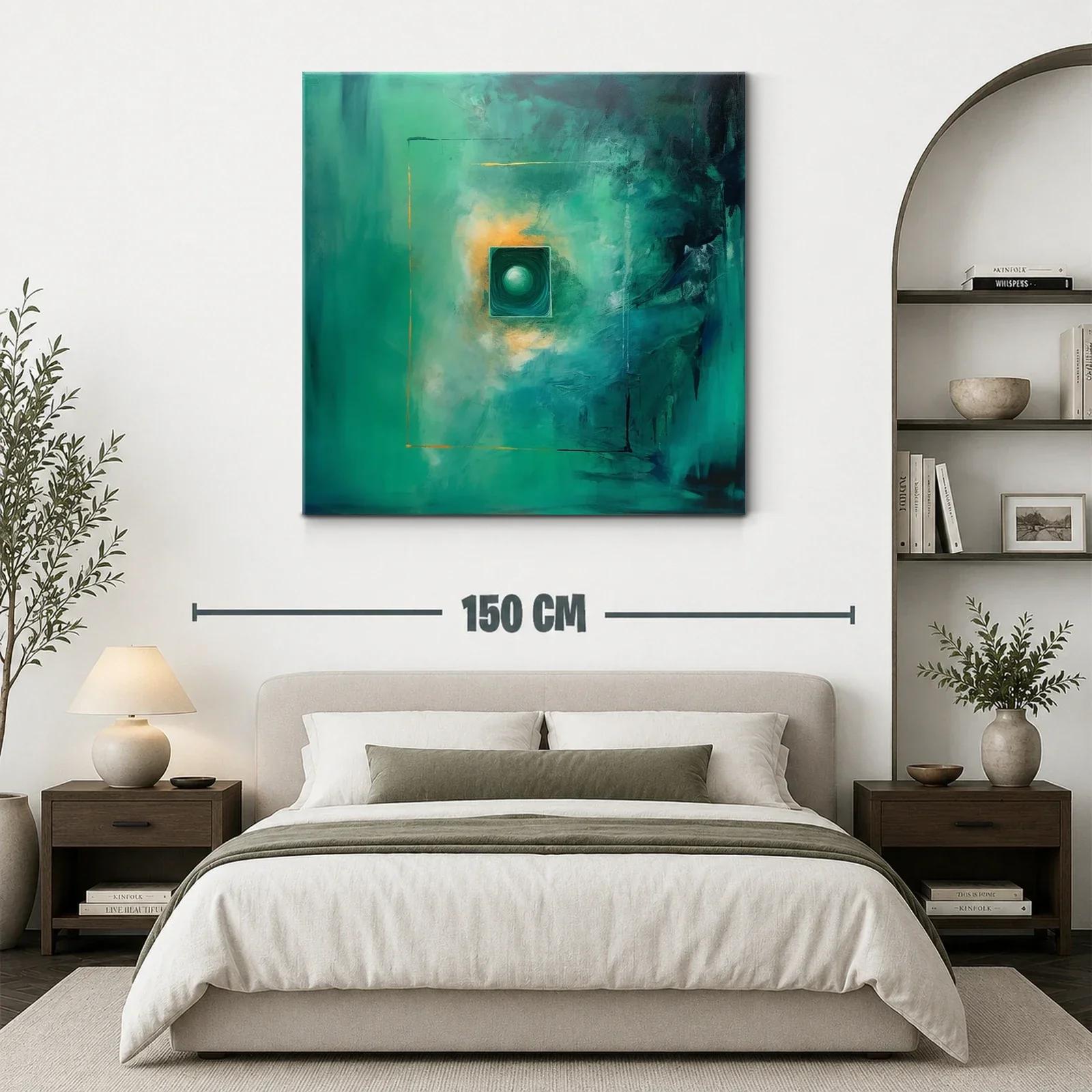 Cuadro abstracto con tonos verdes y destellos dorados — miniatura 3