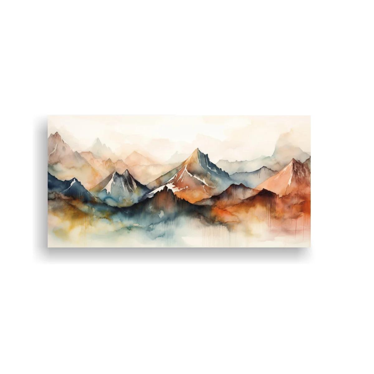 Cuadro cordillera de montañas con picos angulosos y bruma