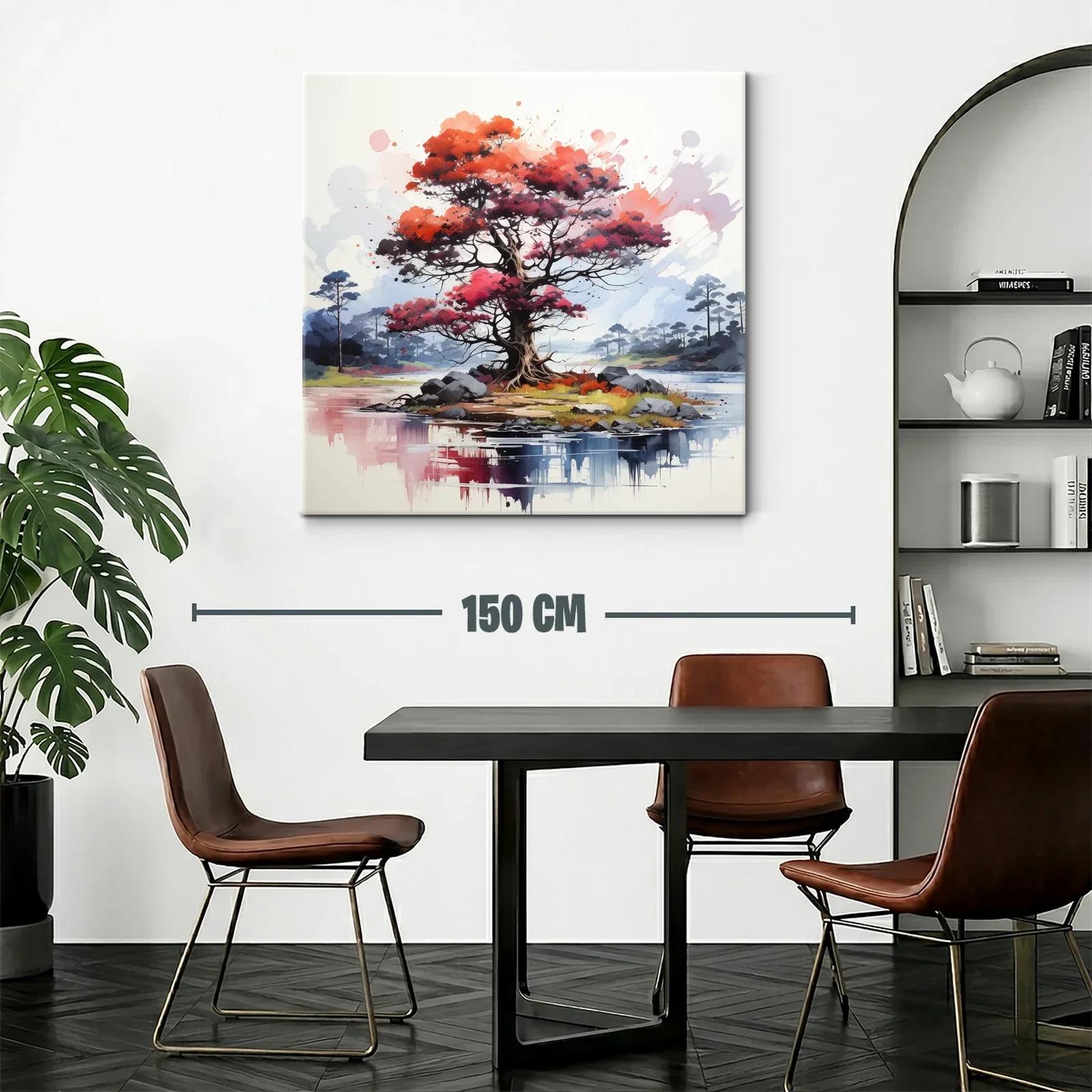 Árbol rojo vibrante en isla serena con reflejos de agua — miniatura 2