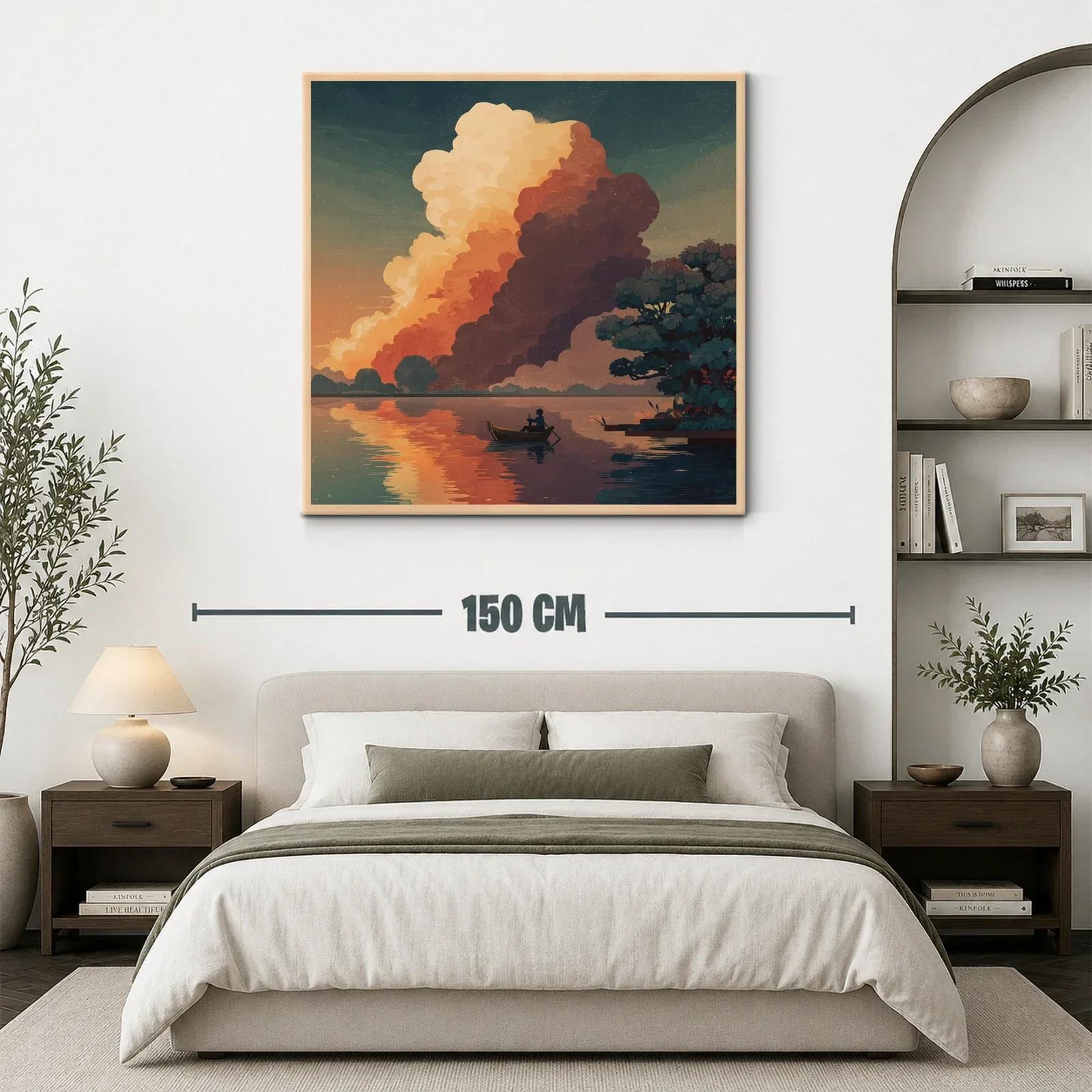 Paisaje sereno de un pescador en laguna al atardecer — miniatura 3