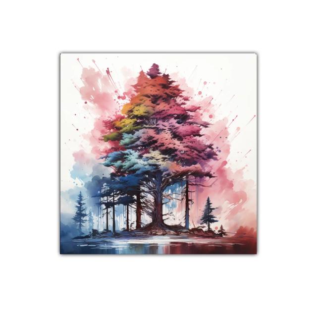 Árbol multicolor con paisaje de bosque y reflejo en agua