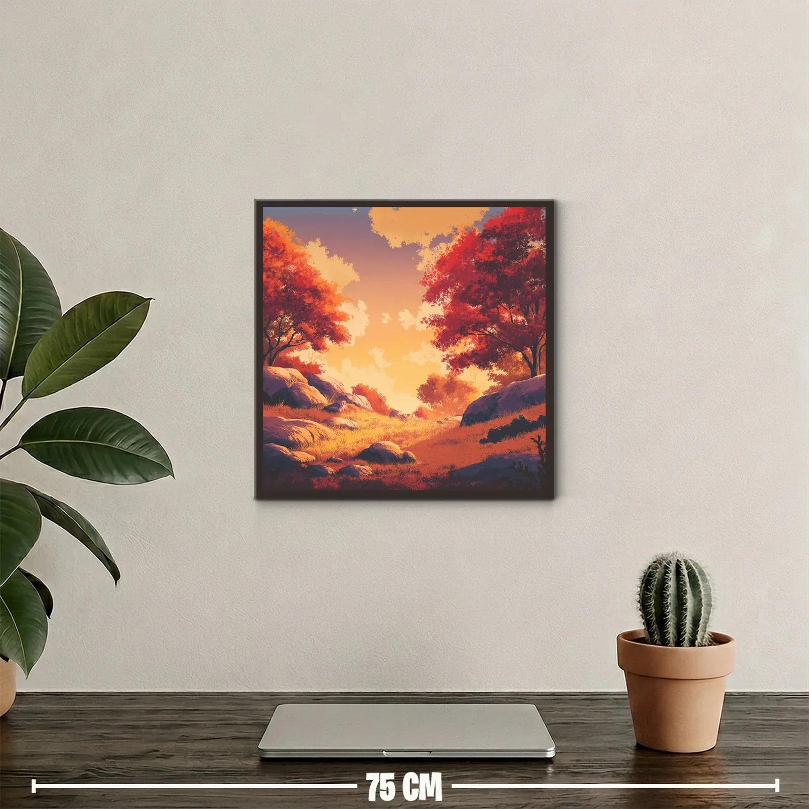 Paisaje otoñal con luz cálida y árboles rojos intensos — miniatura 2