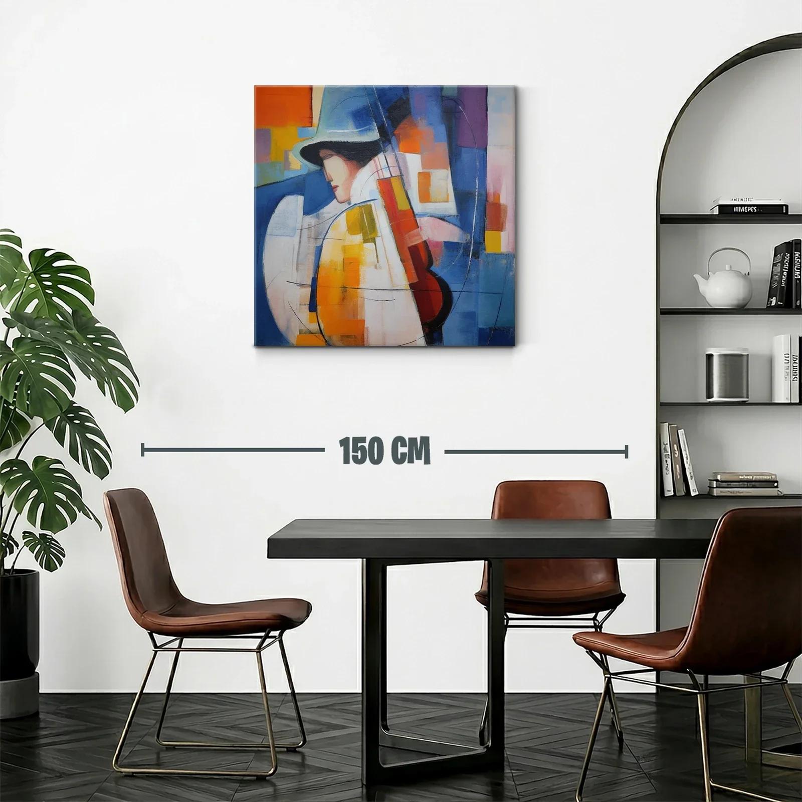Cuadro abstracto con músico y paleta vibrante azul y naranja — miniatura 2