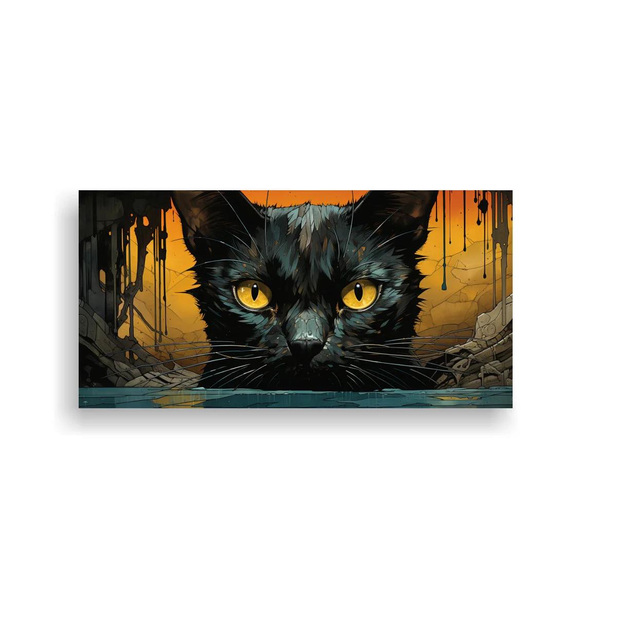 Cuadro gato negro de ojos amarillos sobre agua