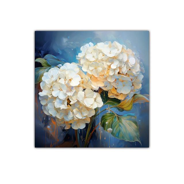 Cuadro decorativo de hortensias blancas sobre fondo azul
