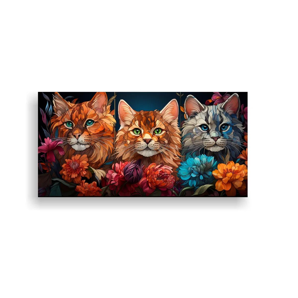 Cuadro tres gatos entre flores coral y turquesa