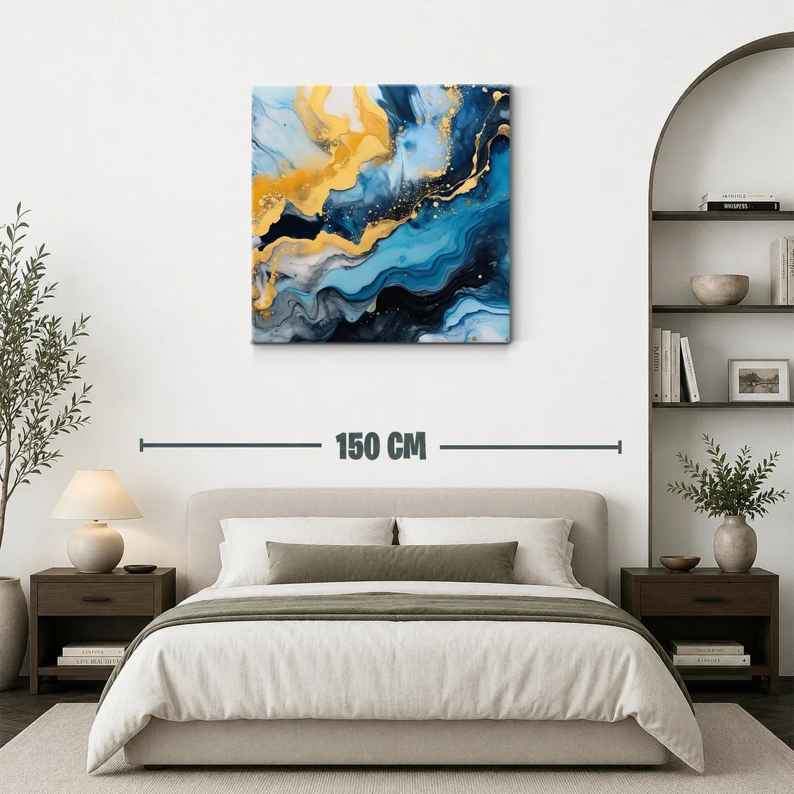 Cuadro abstracto con tonos azules y dorados vibrantes — miniatura 3