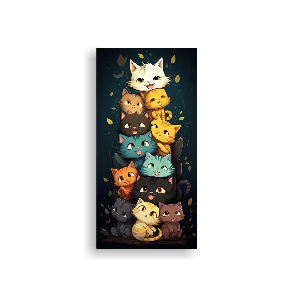 Cuadro grupo de gatos caricaturescos con luna creciente