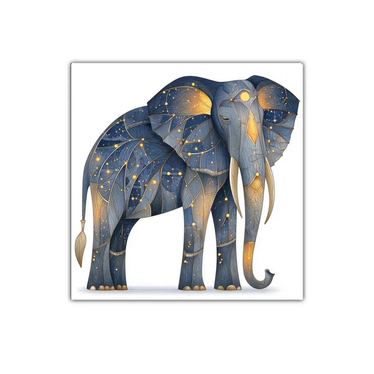 Elefante místico con constelaciones doradas y azul noche