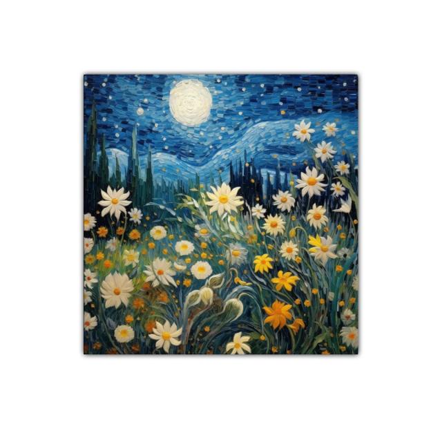 Jardín de flores bajo cielo estrellado y luna llena