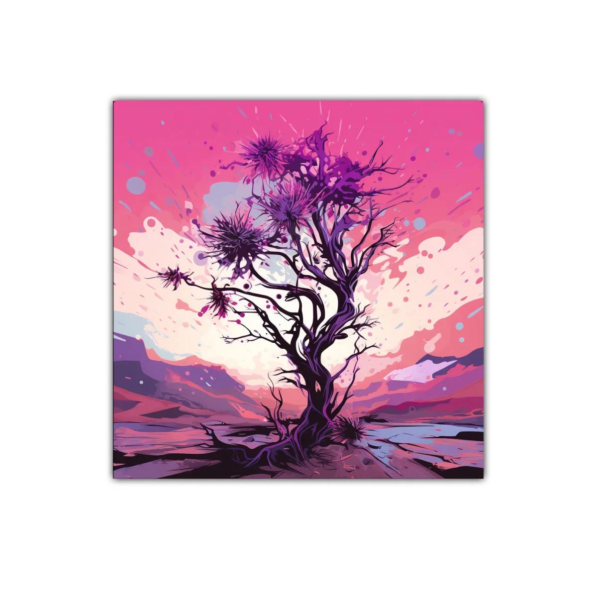 Cuadro árbol solitario retorcido con copas moradas