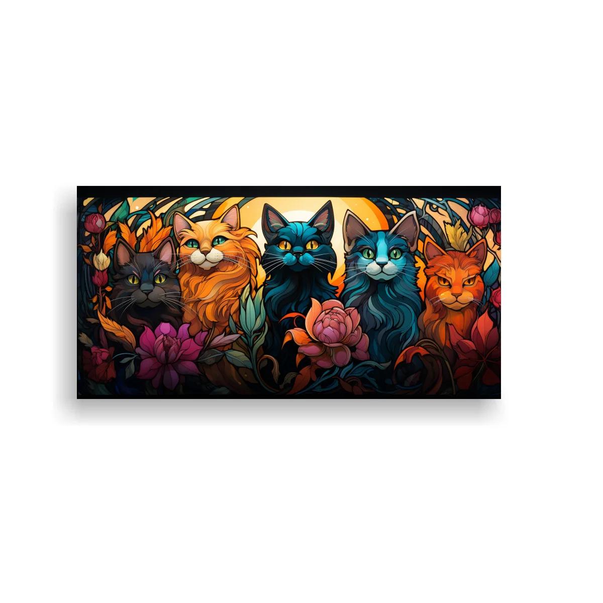 Cuadro grupo de gatos de colores entre flores y follaje