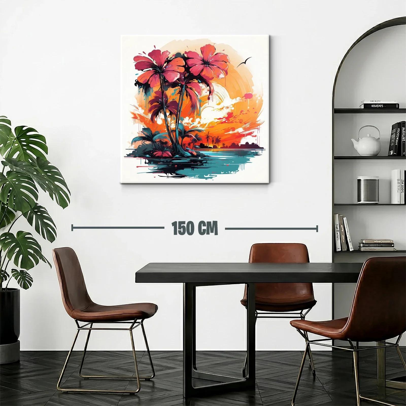 Atardecer tropical con palmeras vibrantes y horizonte urbano — miniatura 2