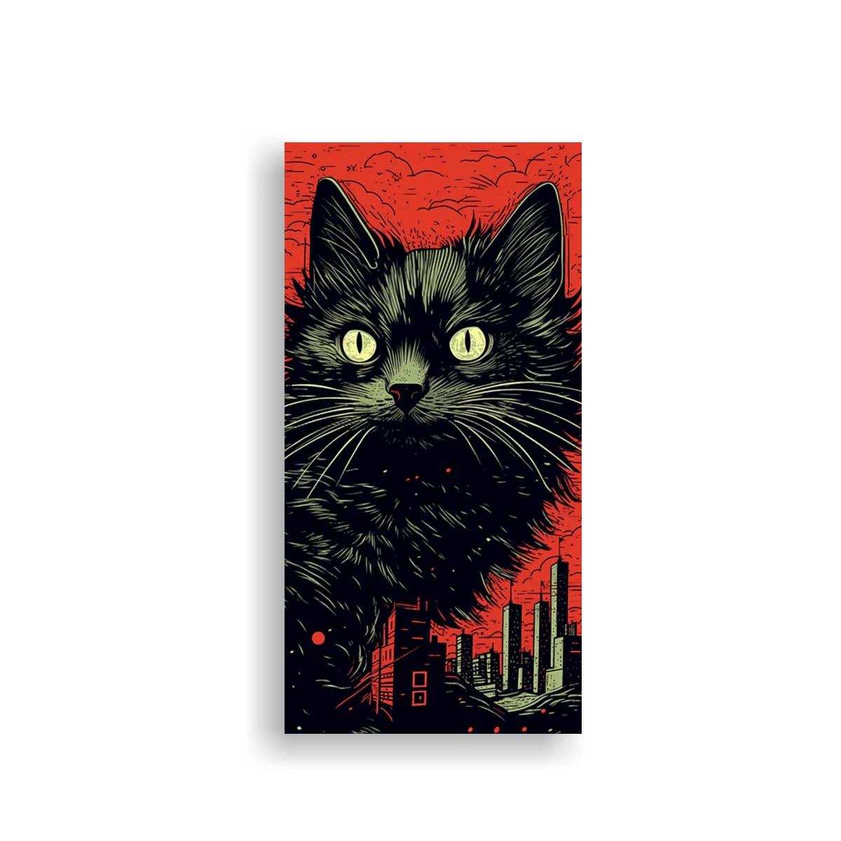 Cuadro gato negro de ojos amarillos sobre skyline urbano rojo