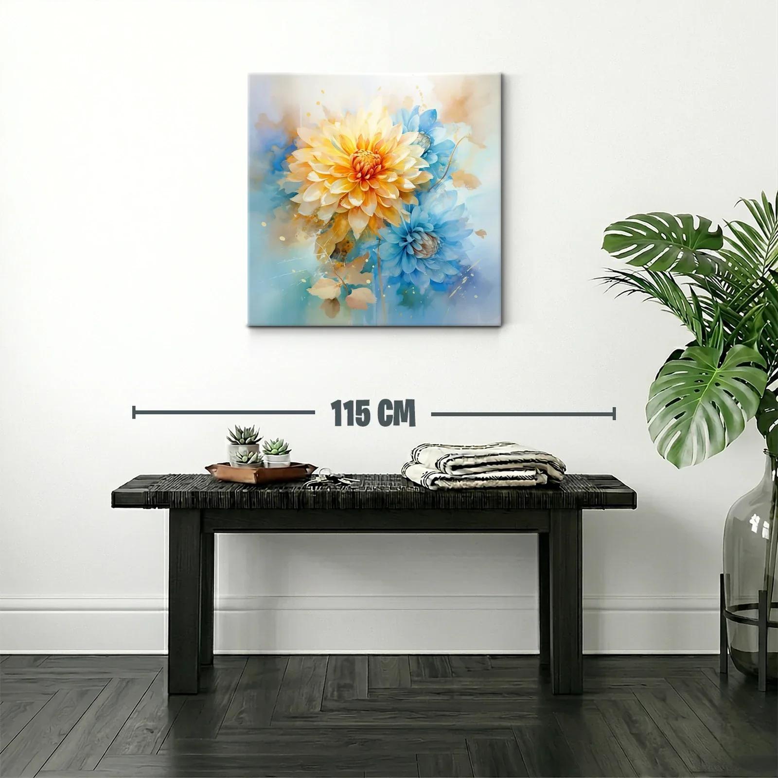 Cuadro floral con pétalos en tonos cálidos y azules suaves — miniatura 2