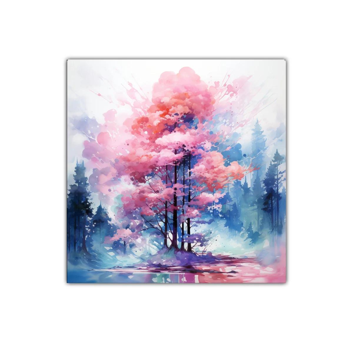 Árbol en tonos rosas y azules creando atmósfera serena