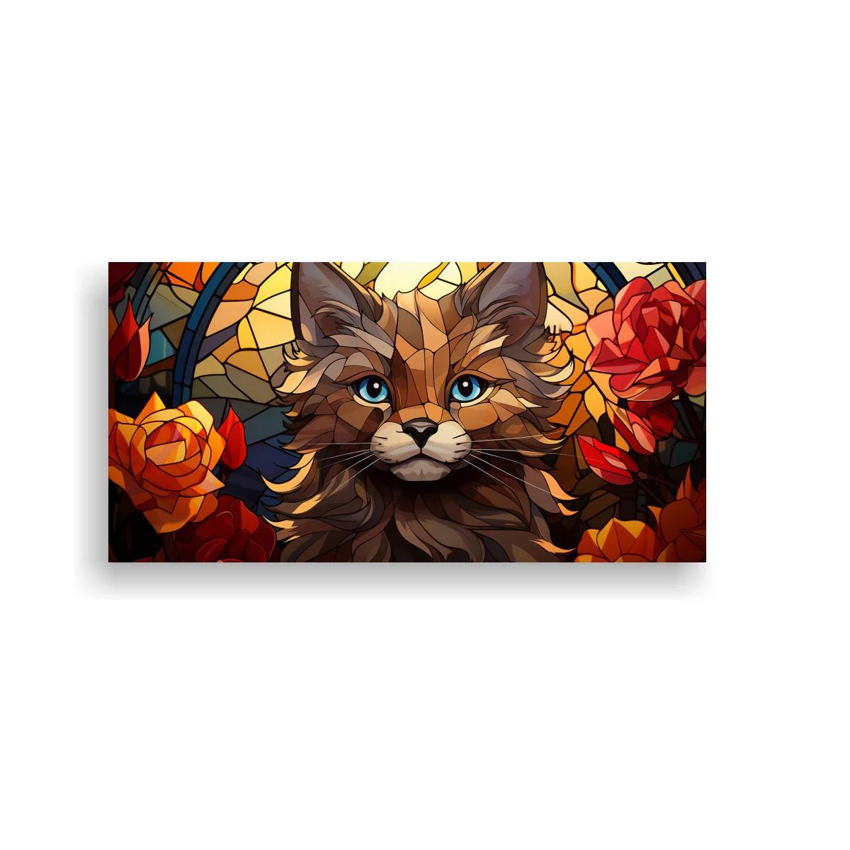 Cuadro gato de pelo largo con rosas y fondo de vidriera