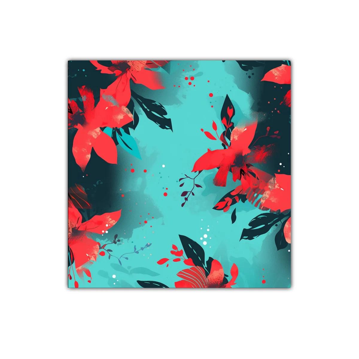 Cuadro decorativo con flores vibrantes y fondo azul turquesa