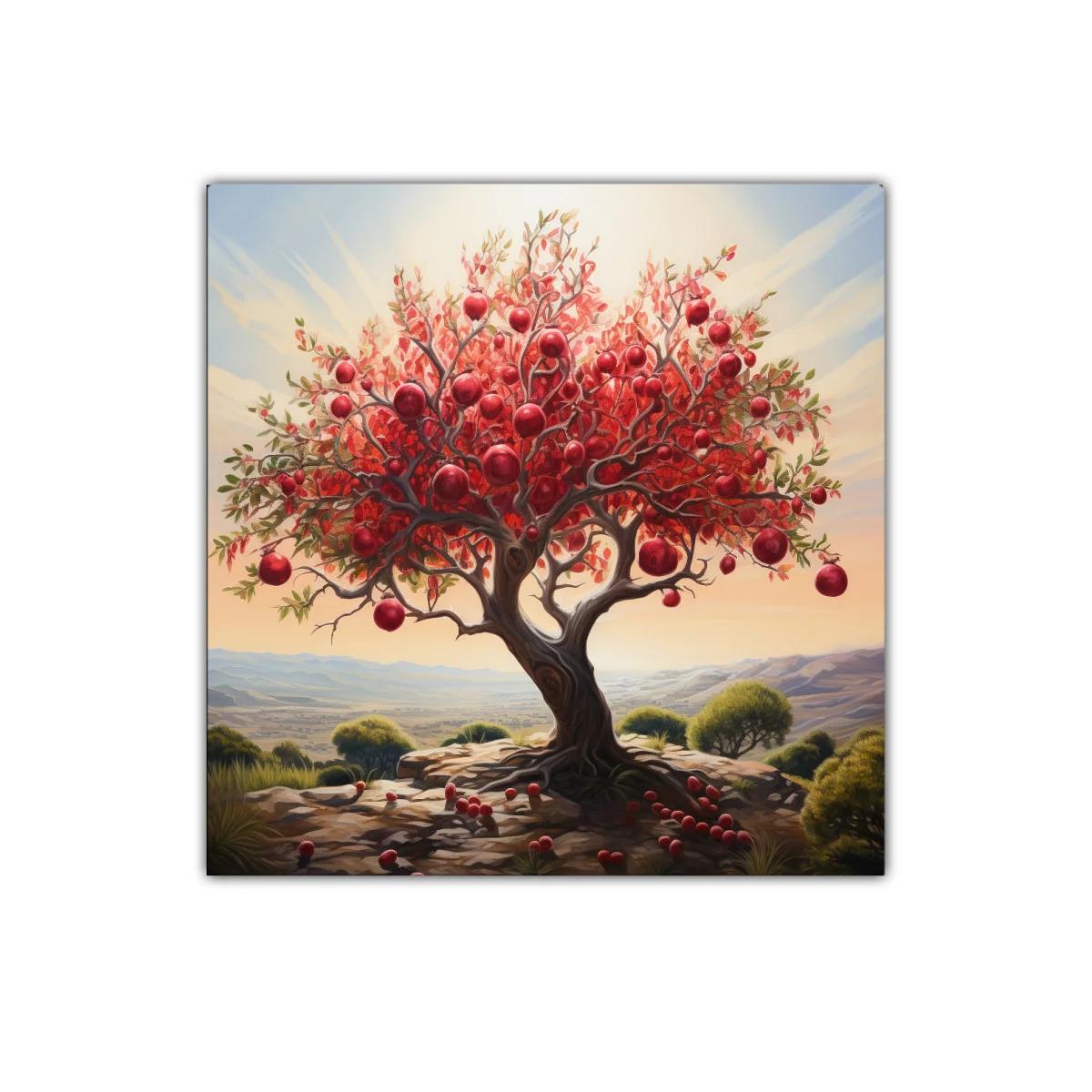Árbol de granadas en paisaje surrealista vibrante