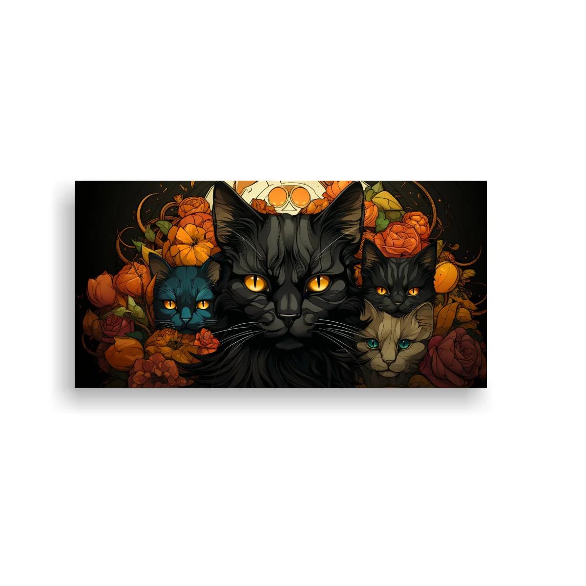 Cuadro grupo de gatos negros de ojos brillantes con flores — imagen principal