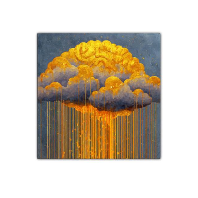 Cuadro abstracto con lluvia dorada sobre nubes grises
