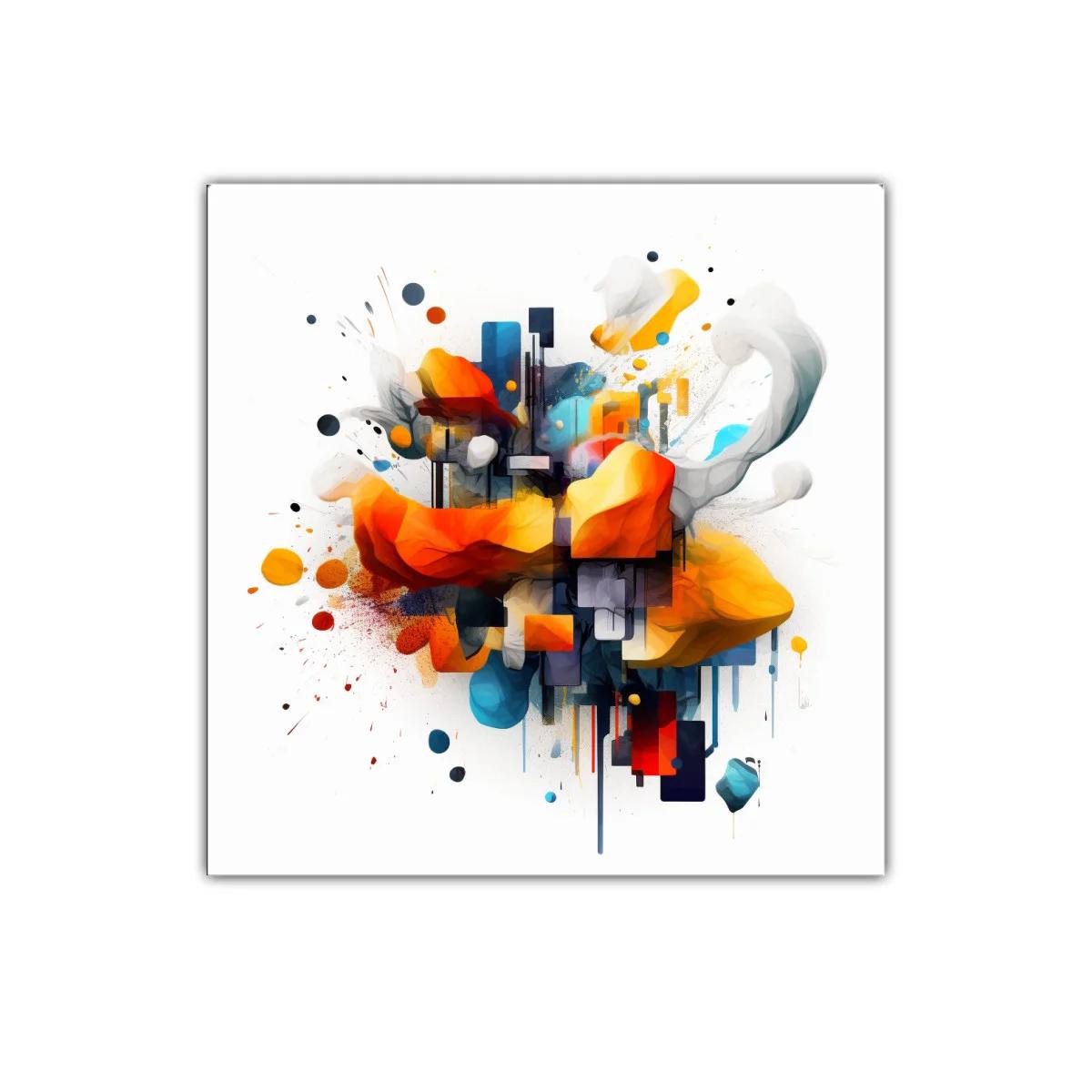 Cuadro abstracto con formas vibrantes en tonos cálidos y fríos