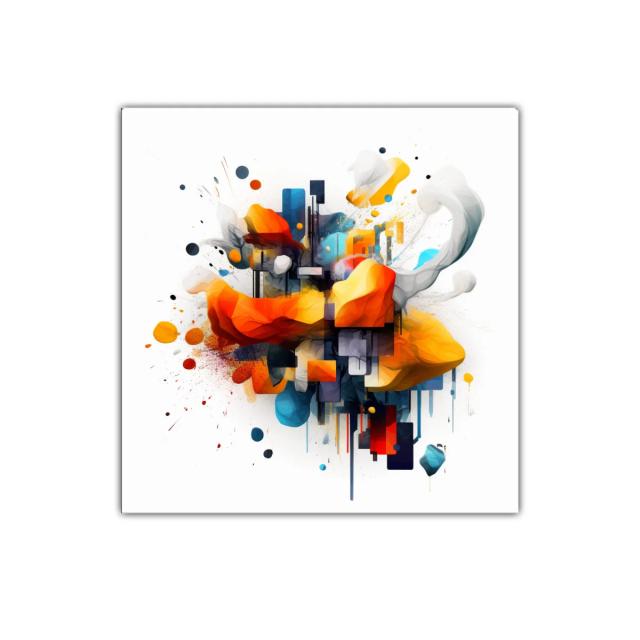 Cuadro abstracto con formas vibrantes en tonos cálidos y fríos