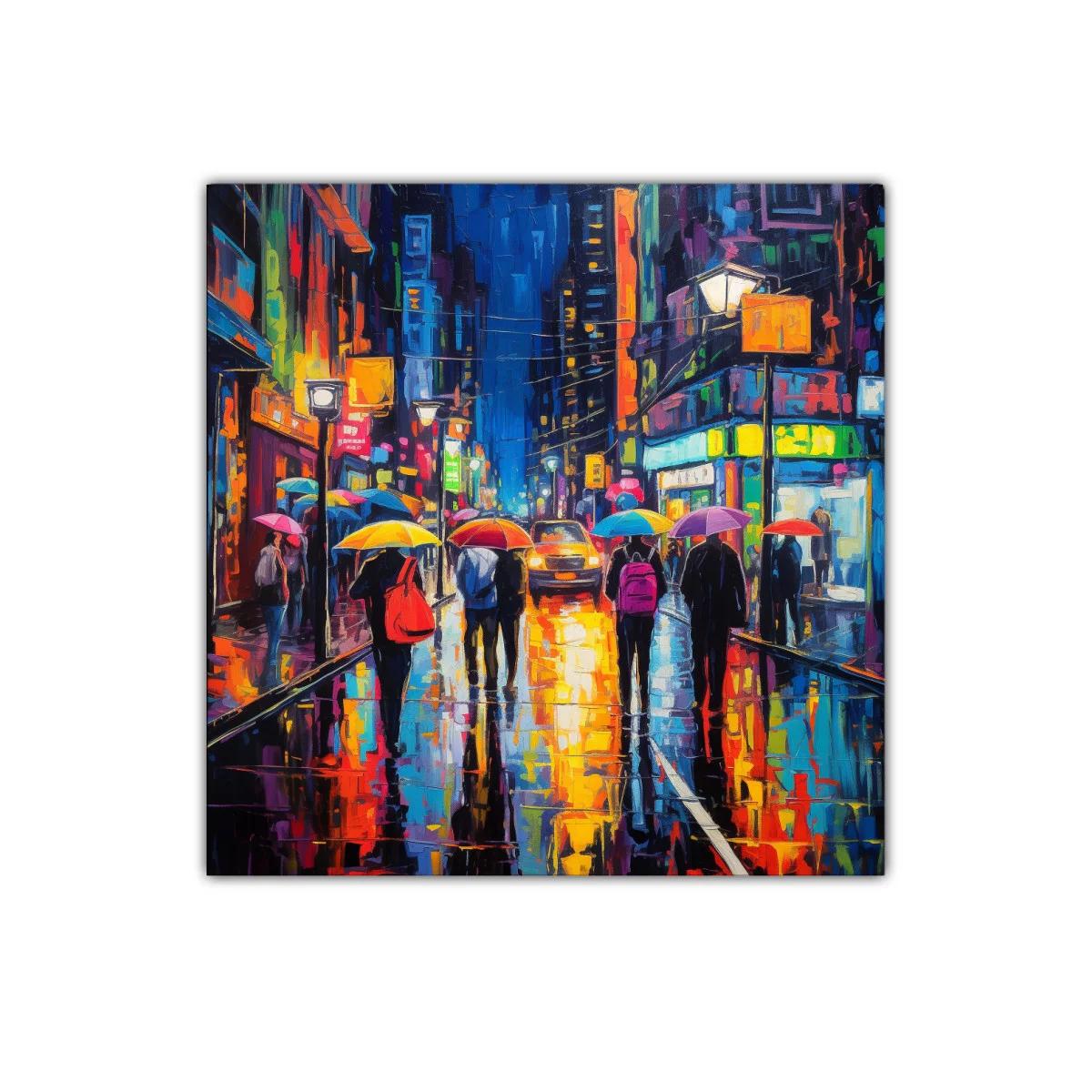Avenida nocturna con paraguas coloridos y luces vibrantes — imagen principal