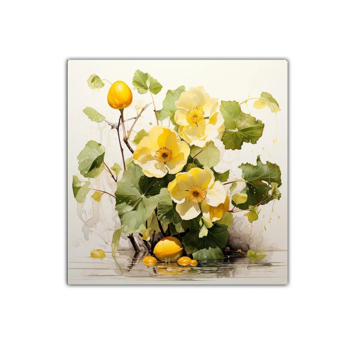 Cuadro decorativo con flores amarillas y hojas verdes vibrantes — imagen principal