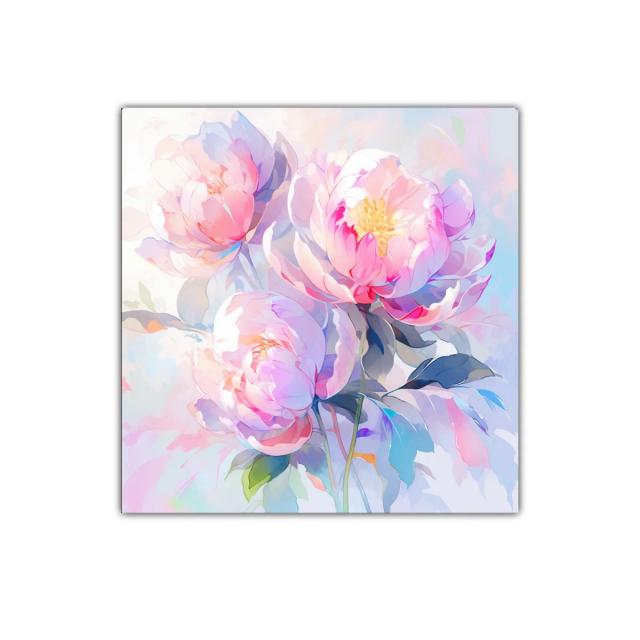 Cuadro floral con peonías en tonos pastel y suaves luces