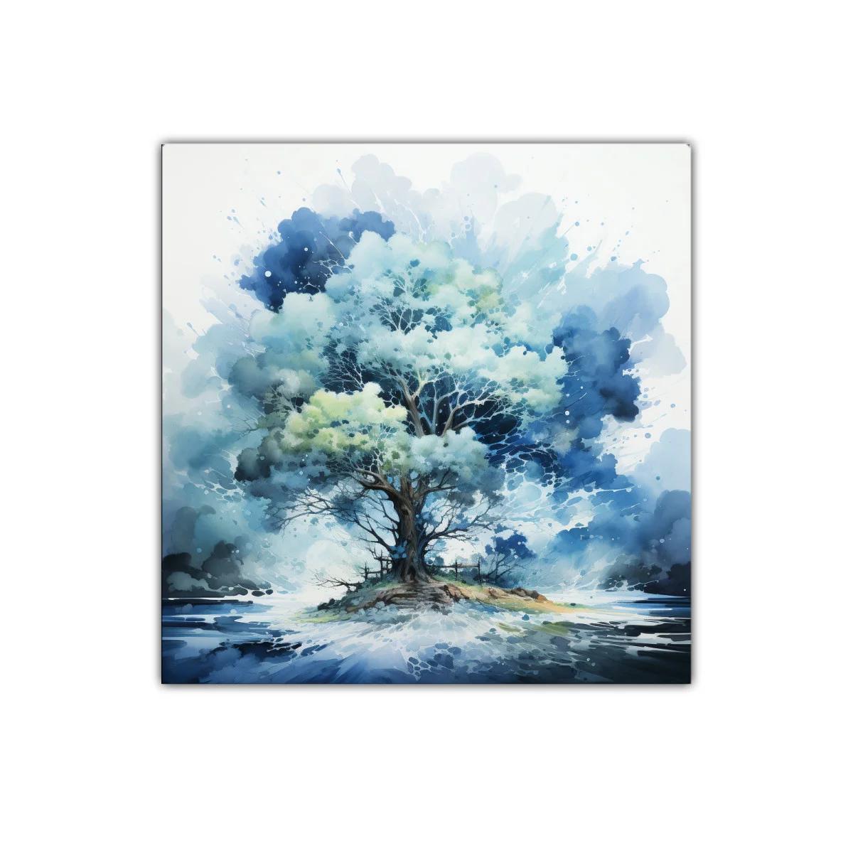 Árbol azul en isla flotante con fondo abstracto