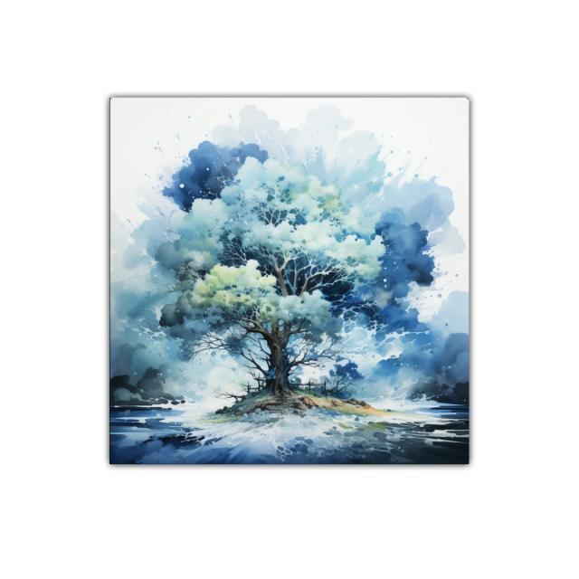 Árbol azul en isla flotante con fondo abstracto